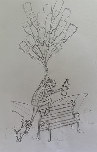sketch of Thomas Bachelder with wine bottle balloons going up in the air